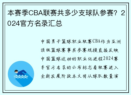 本赛季CBA联赛共多少支球队参赛？2024官方名录汇总